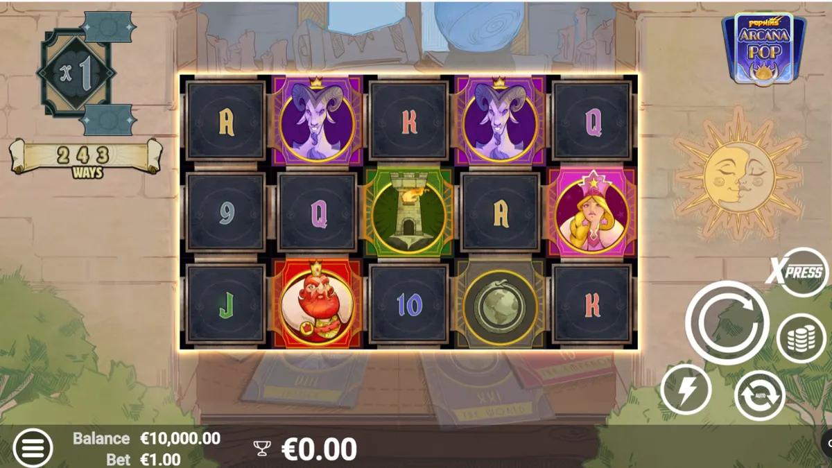 Interface do slot Arcana Pop com tema de tarot e símbolos místicos