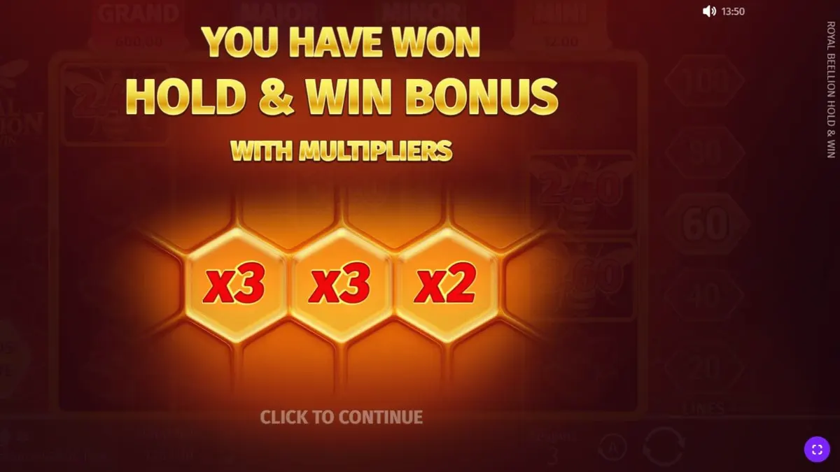 Interface do slot Royal Beellion Hold & Win com tema de abelhas e mel