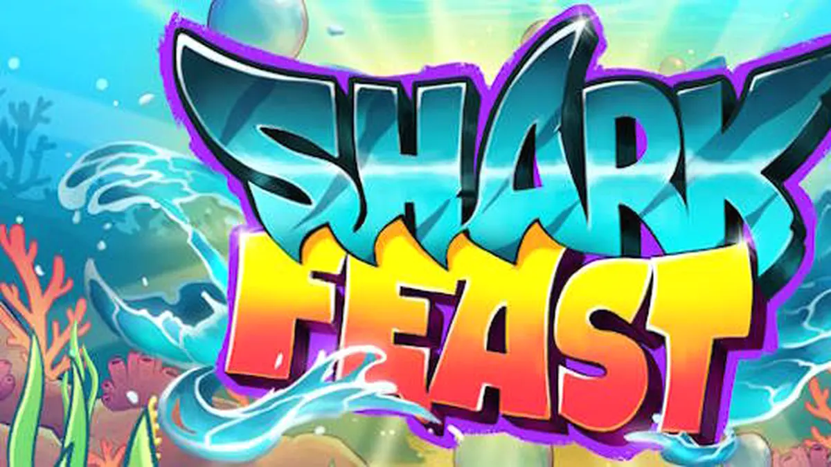 Cena vibrante e subaquática do jogo Shark Feast com luzes neon e criaturas marinhas.