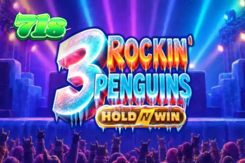 Três pinguins roqueiros em um palco de gelo neon no slot 3 Rockin’ Penguins